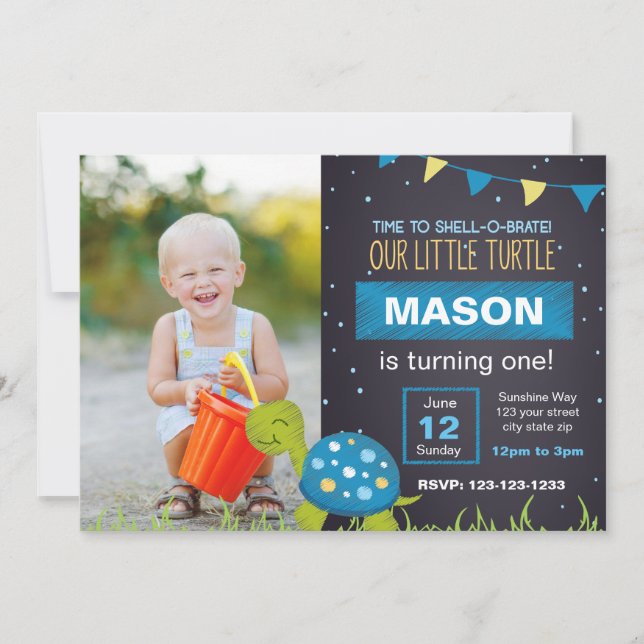 Blue Turtle Chalk Birthday Invitation with Photo (Front)