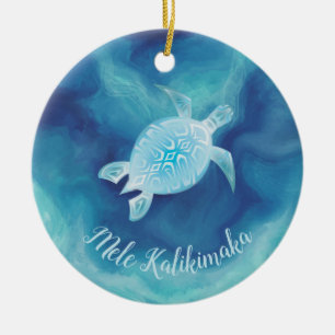 Blue Turtle Mele Kalikimaka Hawaiian  Ceramic Tree Decoration
