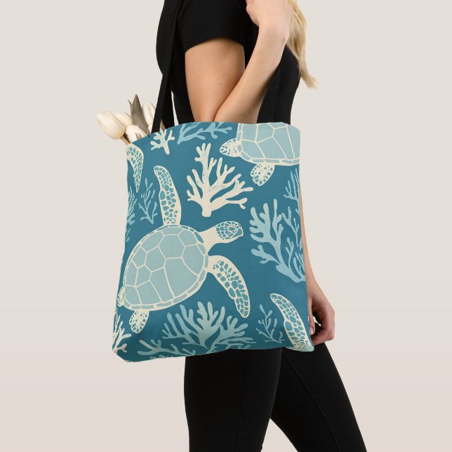 Blue Turtles in a Coral Reef Tote Bag (Close Up)