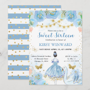 Blue Tutu Black Hair Ballerina Sweet 16 Invitation