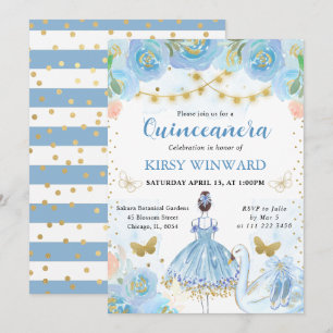 Blue Tutu Brunette Hair Ballerina Quinceanera Invitation