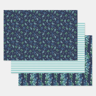 Blue Twigs & White Berries Christmas Patterns Wrapping Paper Sheet