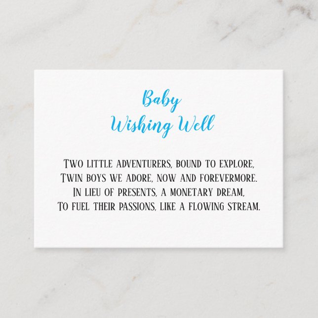 Blue Twin Baby Boys Wishing Well Baby Shower  Enclosure Card (Front)