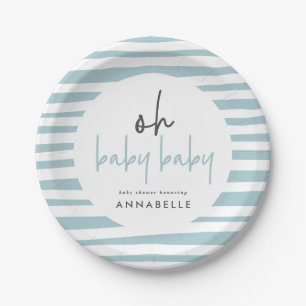 Blue twin baby shower typography modern party paper plate