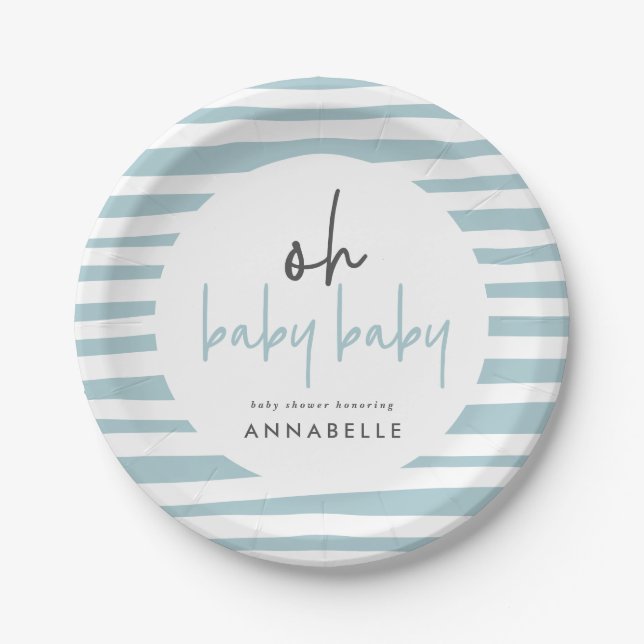 Blue twin baby shower typography modern party paper plate (Front)