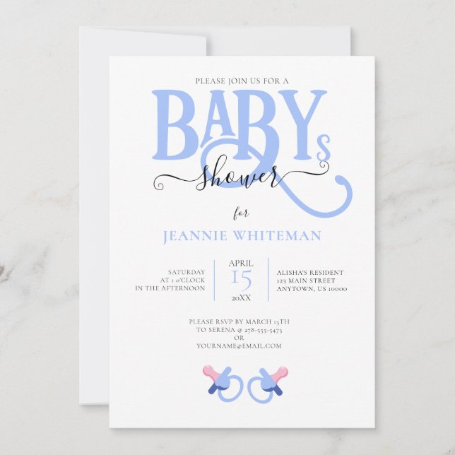 BLUE TWIN BOY BABY SHOWER WITH PACIFIER   INVITATION (Front)