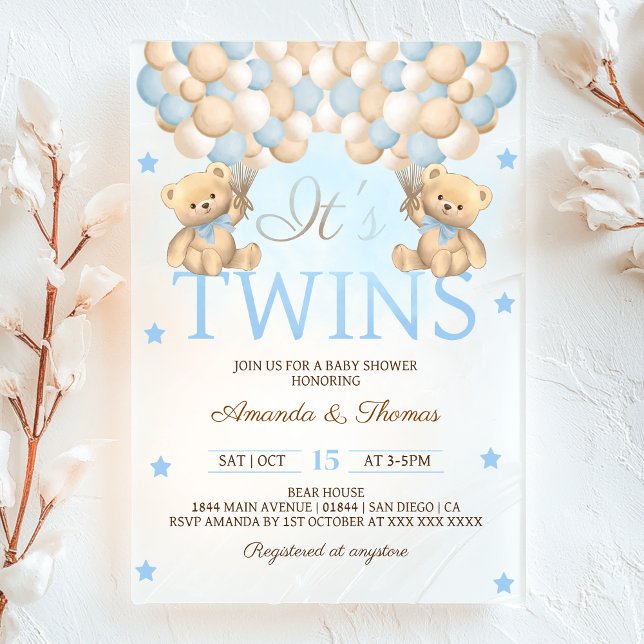 Blue Twin Boys Bear Balloons Baby Shower Acrylic Invitations (Creator Uploaded)
