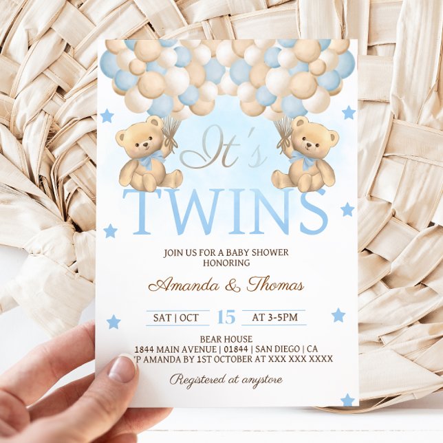 Blue Twin Boys Bear Balloons Baby Shower Invitation (Creator Uploaded)