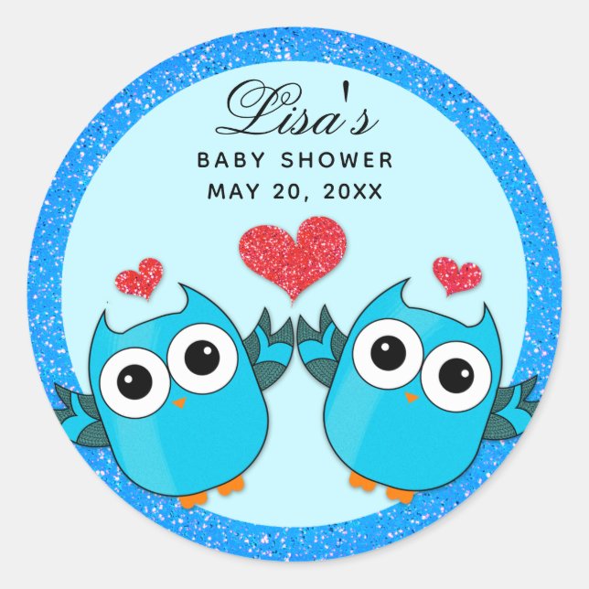 Blue Twin Owl Heart Envelope Seal Sticker (Front)
