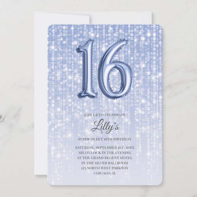 Blue Twinkle Lights Foil Balloon 16th Birthday Invitation (Front)