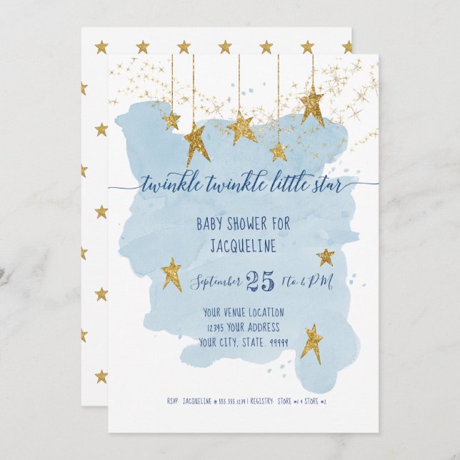 Blue Twinkle Little Star Gold Boy Baby Shower Invitation (Front/Back)