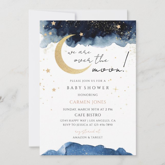 Blue Twinkle Little Star Over the Moon Invitation (Front)