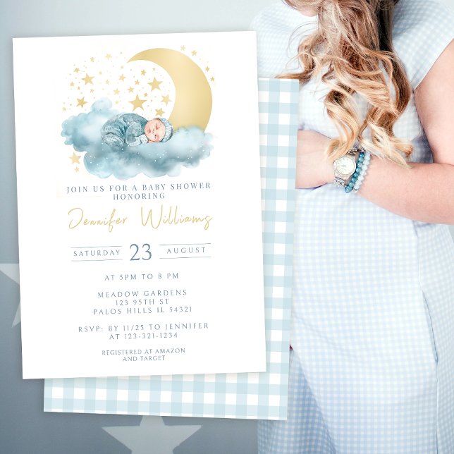 Blue twinkle moon stars baby boy shower Invitation (Creator Uploaded)