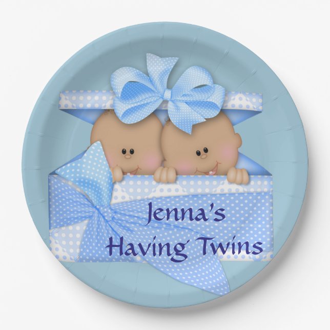 Blue Twins African American Baby Shower Party Paper Plate (Front)