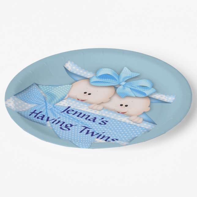 Blue Twins Baby Shower Party Paper Plates (Angled)