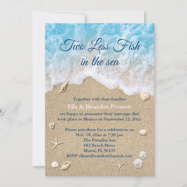 Blue Two Less Fish in the Sea Post Wedding Invitation (Front)