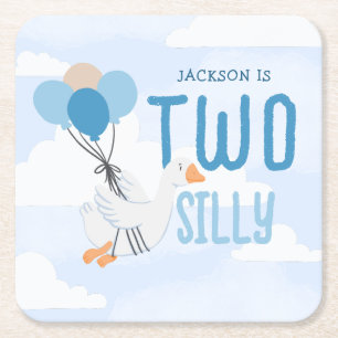 Blue Two Silly Goose 2nd Birthday Party Square Paper Coaster