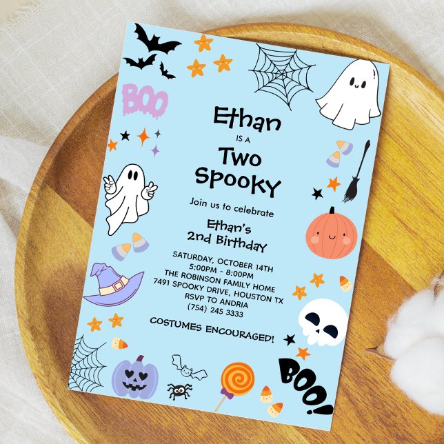 Blue Two Spooky Cute Ghost Halloween 2nd Birthday  Invitation (Blue Two Spooky Cute Ghost Halloween 2nd Birthday Invitation )