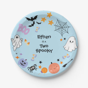 Blue Two Spooky Cute Ghost Halloween 2nd Birthday Paper Plate
