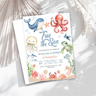 Blue Two The Sea Ocean Animals 2nd Birthday Invitation