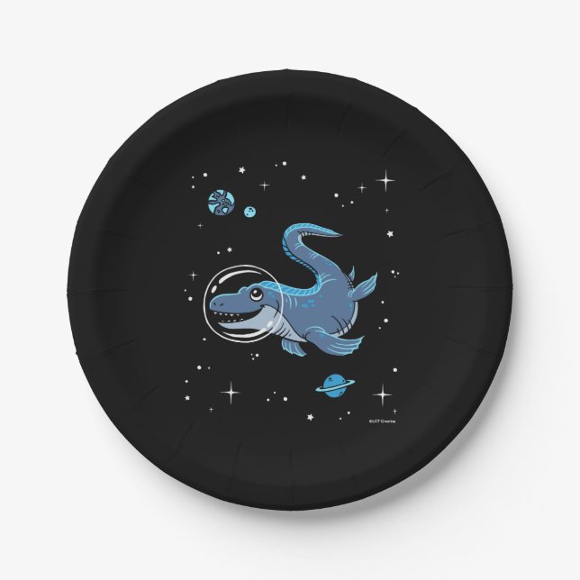 Blue Tylosaurus Dinos In Space Paper Plate (Front)