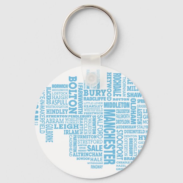 Blue Type map of Greater Manchester Key Ring (Front)