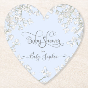 Blue Typography Baby's Breath Floral Baby Shower Paper Coaster