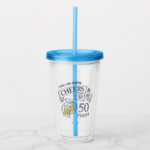 Blue Typography Cheers And Beers Any Age Birthday Acrylic Tumbler