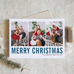 Blue Typography Merry Christmas Photo Collage Holiday Card<br><div class="desc">Merry Christmas! Customisable Christmas photo collage card featuring blue simple typography and snow pattern. Personalise by adding three photos,  names,  year and other details. This modern Christmas photo card is available in other colours and cardstock.</div>