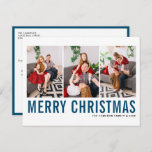 Blue Typography Merry Christmas Photo Collage Holiday Postcard<br><div class="desc">Merry Christmas! Customisable Christmas photo collage postcard featuring blue and black simple typography. Personalise by adding three photos,  names,  year and other details. This modern Christmas postcard is available in other colours and cardstock.</div>