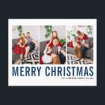 Blue Typography Merry Christmas Photo Collage Postcard<br><div class="desc">Merry Christmas! Customisable Christmas photo collage postcard featuring blue and black simple typography. Personalise by adding three photos,  names,  year and other details. This modern Christmas postcard is available in other colours and cardstock.</div>