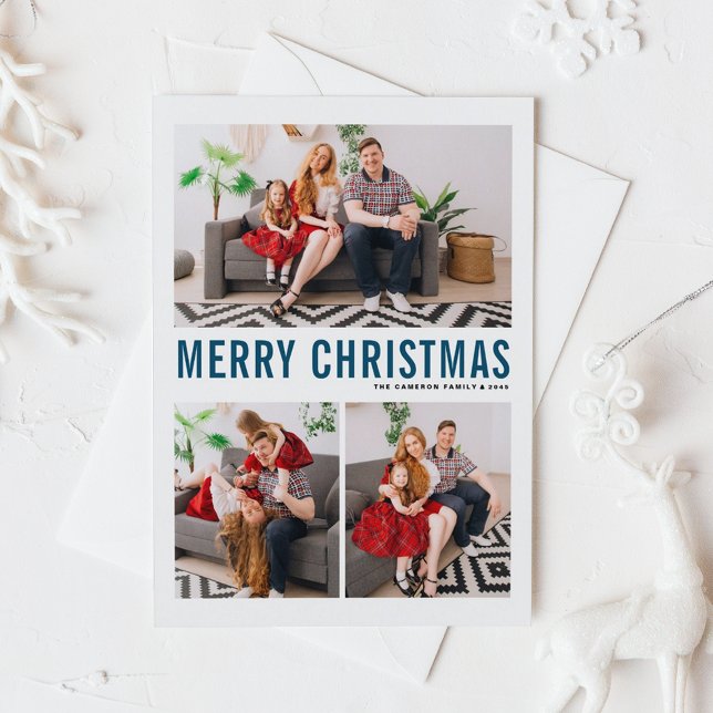 Blue Typography Merry Christmas Three Photo Holiday Postcard (Modern Blue Typography Three Photo Collage Merry Christmas Postcard)
