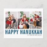 Blue Typography Photo Collage Happy Hanukkah Holiday Postcard<br><div class="desc">Happy Hanukkah! Customisable Happy Hanukkah photo collage postcard featuring blue simple typography and snow pattern. Personalise by adding three photos,  names,  year and other details. This modern Hanukkah postcard is available in other colours and cardstock.</div>