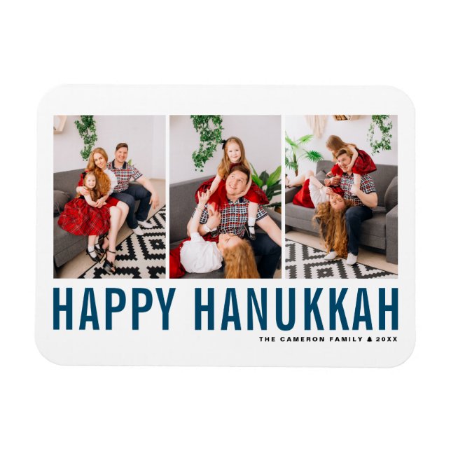 Blue Typography Photo Collage Happy Hanukkah Magnet (Horizontal)