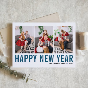 Blue Typography Photo Collage Happy New Year Holiday Card
