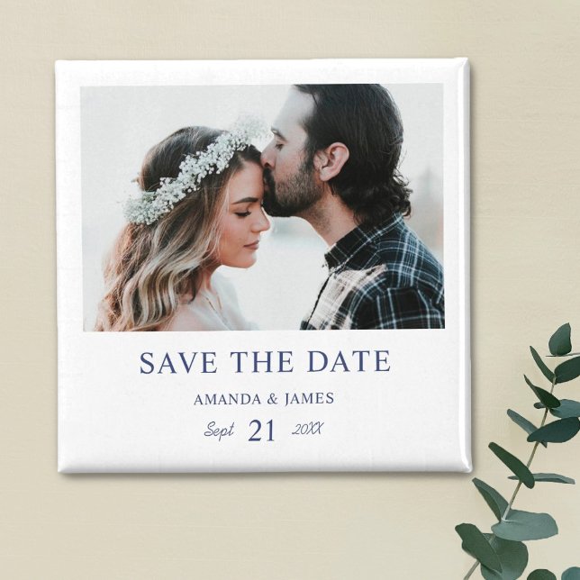 Blue Typography Photo Wedding Save the Date Magnet (Creator Uploaded)