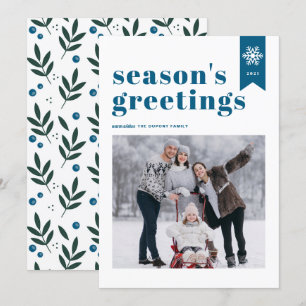 Blue Typography Snowflake Season's Greetings Photo Holiday Card