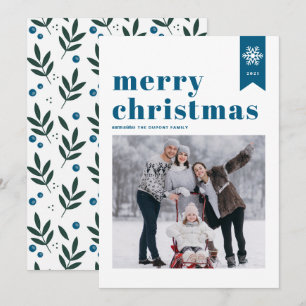 Blue Typography Snowflakes Merry Christmas Photo Holiday Card