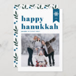 Blue Typography Snowflakes Photo Happy Hanukkah Holiday Card<br><div class="desc">Happy Hanukkah! | Send your holiday wishes with this customisable Hanukkah photo flat card. It features blue retro bold typography,  simple snowflakes accent and festive pattern. Personalise by adding names,  year and photo. This festive photo Happy Hanukkah flat card is available in various colours and cardstock.</div>