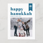 Blue Typography Snowflakes Photo Happy Hanukkah Holiday Postcard<br><div class="desc">Happy Hanukkah! | Send your holiday wishes with this customisable Hanukkah photo postcard. It features blue retro bold typography,  simple snowflakes accent and festive pattern. Personalise by adding names,  year and photo. This festive photo Happy Hanukkah postcard is available in various colours and cardstock.</div>