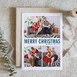 Blue Typography Three Photo Merry Christmas Holiday Card<br><div class="desc">Merry Christmas! Send Christmas greetings to family and friends with this customizable Christmas photo card. It features blue simple typography and snow pattern. The texts are fully customizable for any holiday greetings. Personalize this modern Christmas card by adding your photos, name and other details. Available in other colors and cardstock....</div>