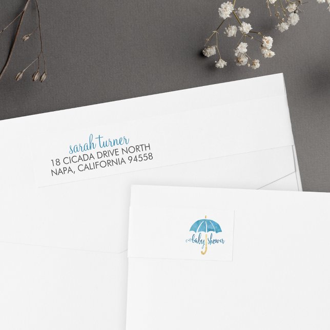 Blue Umbrella Baby Shower Return Address Labels (Creator Uploaded)