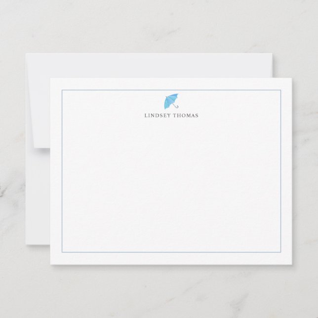 Blue Umbrella Border Personalised Stationery Card (Front)