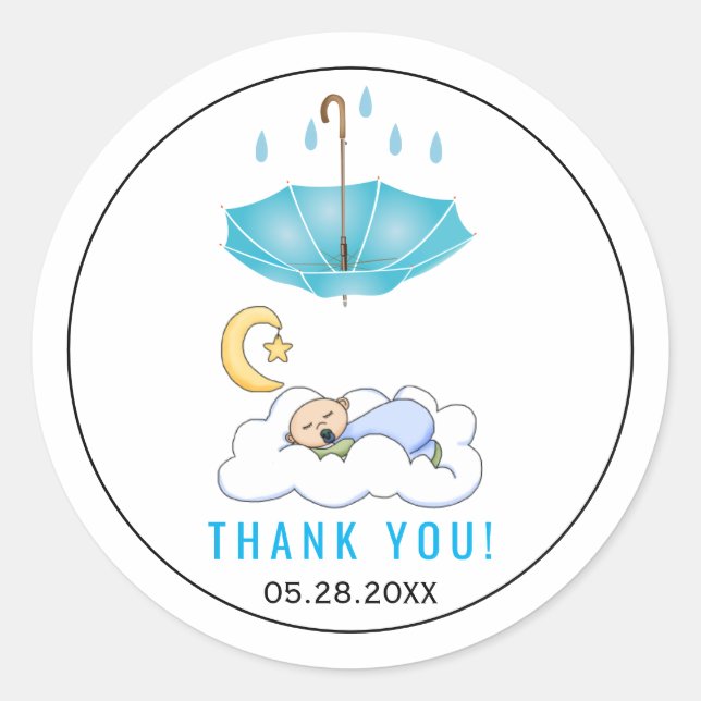 Blue umbrella, sleeping baby boy shower thank you classic round sticker (Front)
