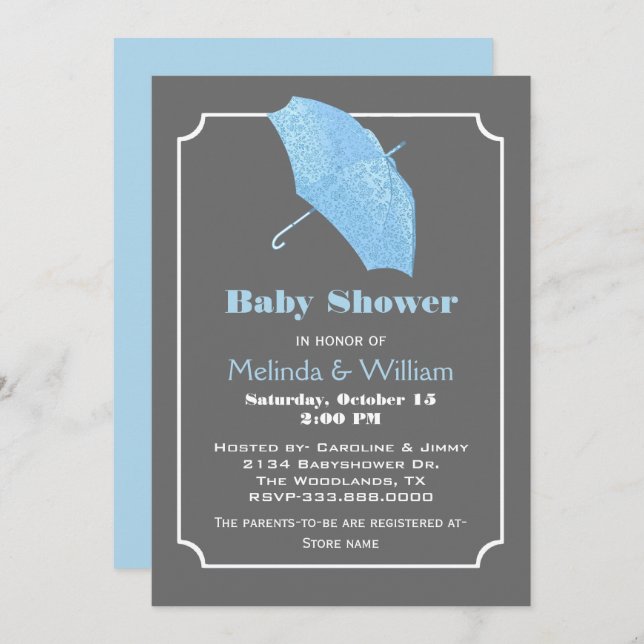 Blue Umbrella Stylish Baby Shower Invitation (Front/Back)