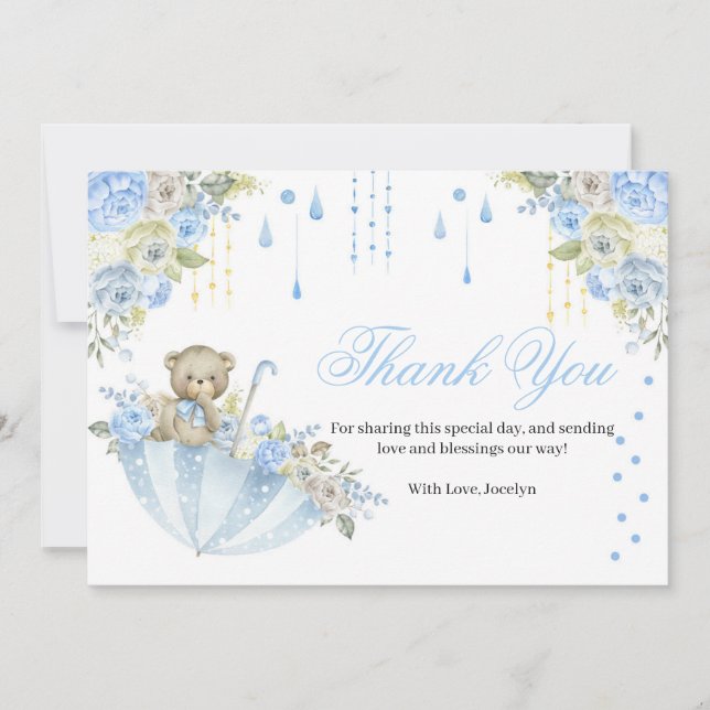 Blue Umbrella Teddy Bear Baby Sprinkle Thank You Card (Front)