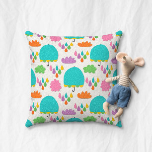 Blue Umbrellas with Clouds and Raindrops Cushion