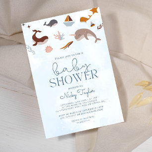 Blue Under Sea Boho Cute Whale Baby Shower Invitation