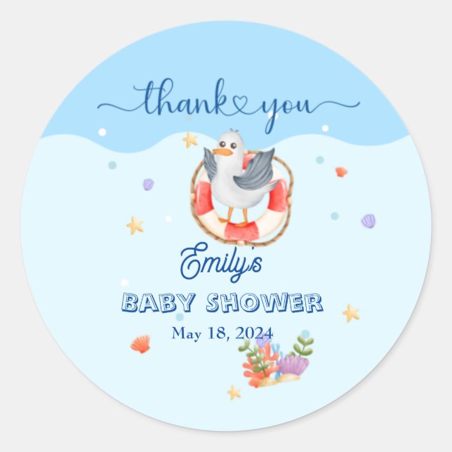 Blue Under the Sea Baby Boy Shower Seabird Classic Round Sticker (Front)