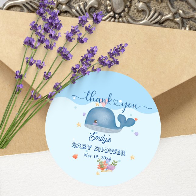 Blue Under the Sea Baby Boy Shower Whale Classic Round Sticker (Creator Uploaded)
